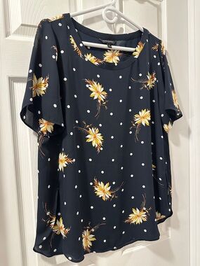 Banana Republic Navy Floral & Polka Dot Short Sleeve Top Sz L